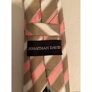 Jonathan David Mens Clip-On Necktie Brown‎ Pink White Striped Polyester Tie